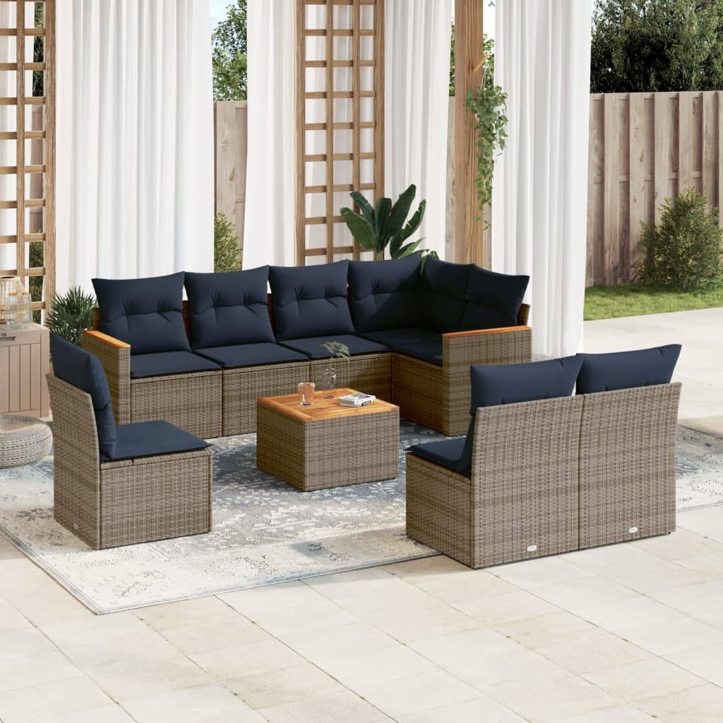 vidaXL 9-teiliges Gartensofa-Set mit Kissen, grau, Polyrattan