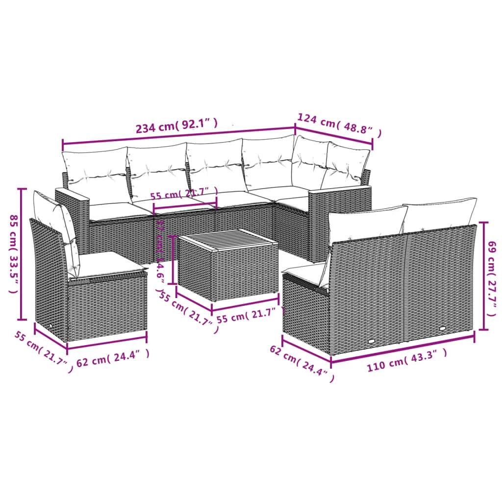 vidaXL 9-teiliges Gartensofa-Set mit Kissen, grau, Polyrattan