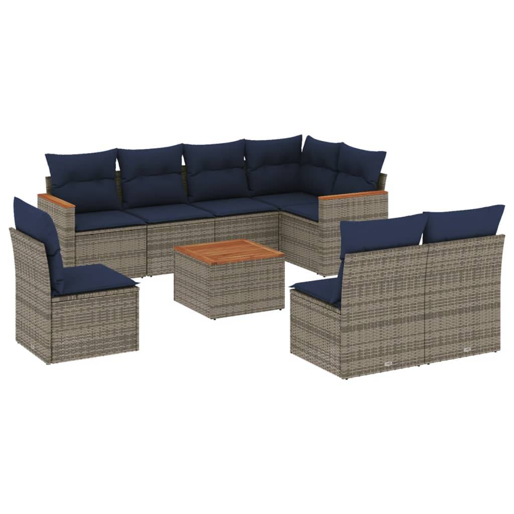 vidaXL 9-teiliges Gartensofa-Set mit Kissen, grau, Polyrattan