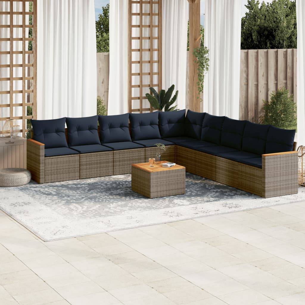 vidaXL 10-teiliges Gartensofa-Set mit Kissen, grau, Polyrattan