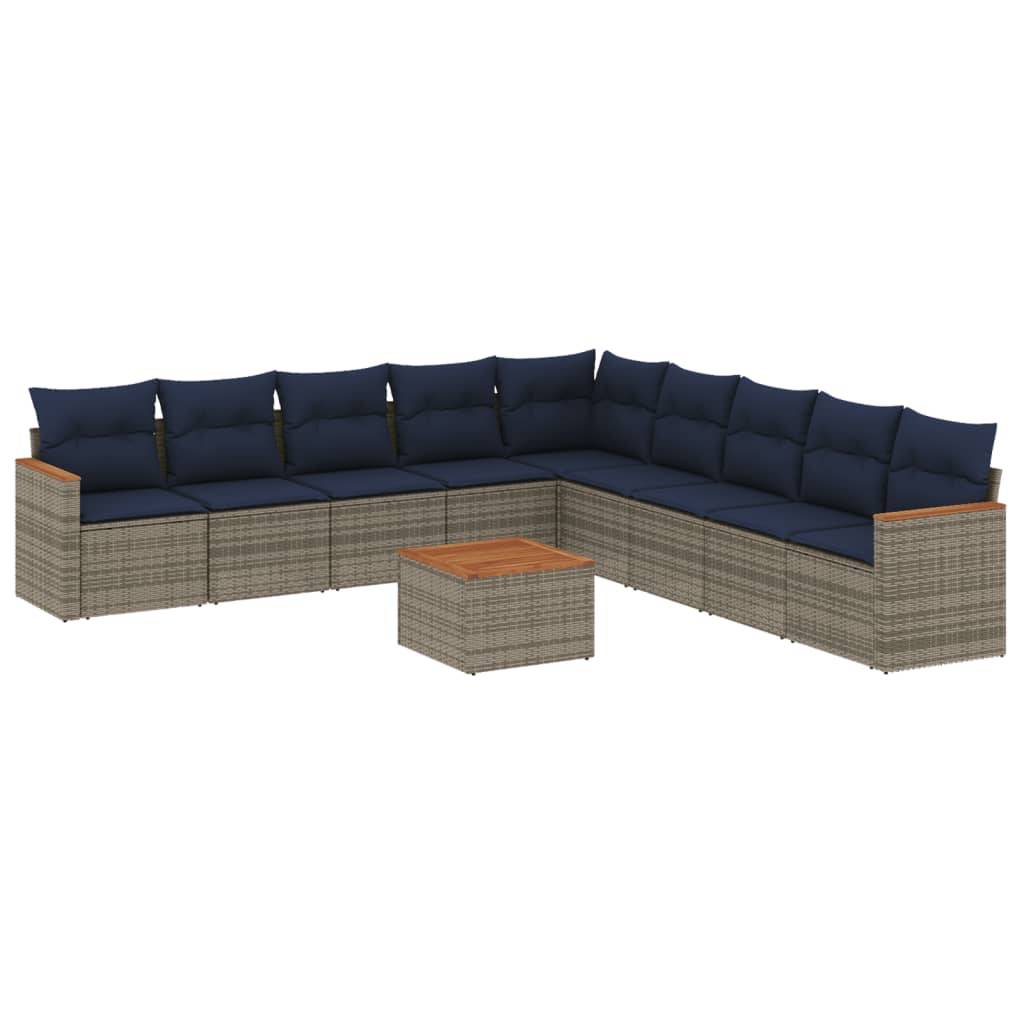vidaXL 10-teiliges Gartensofa-Set mit Kissen, grau, Polyrattan