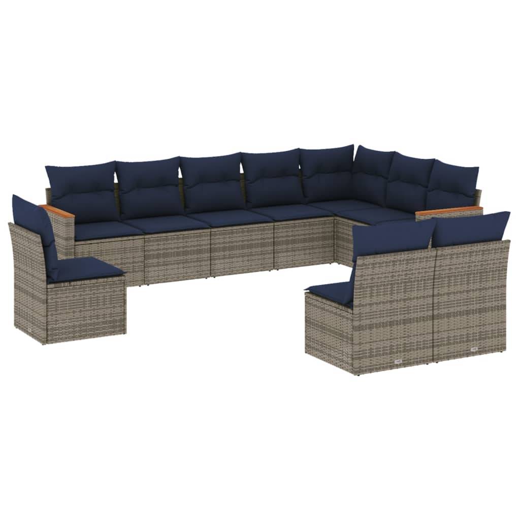 vidaXL 10-teiliges Gartensofa-Set mit Kissen, grau, Polyrattan
