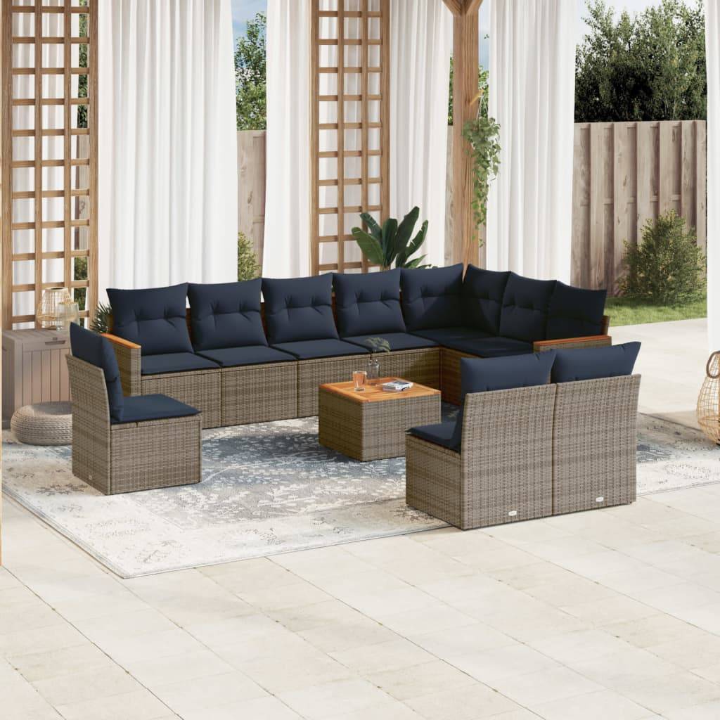 vidaXL 11-teiliges Gartensofa-Set mit Kissen, grau, Polyrattan