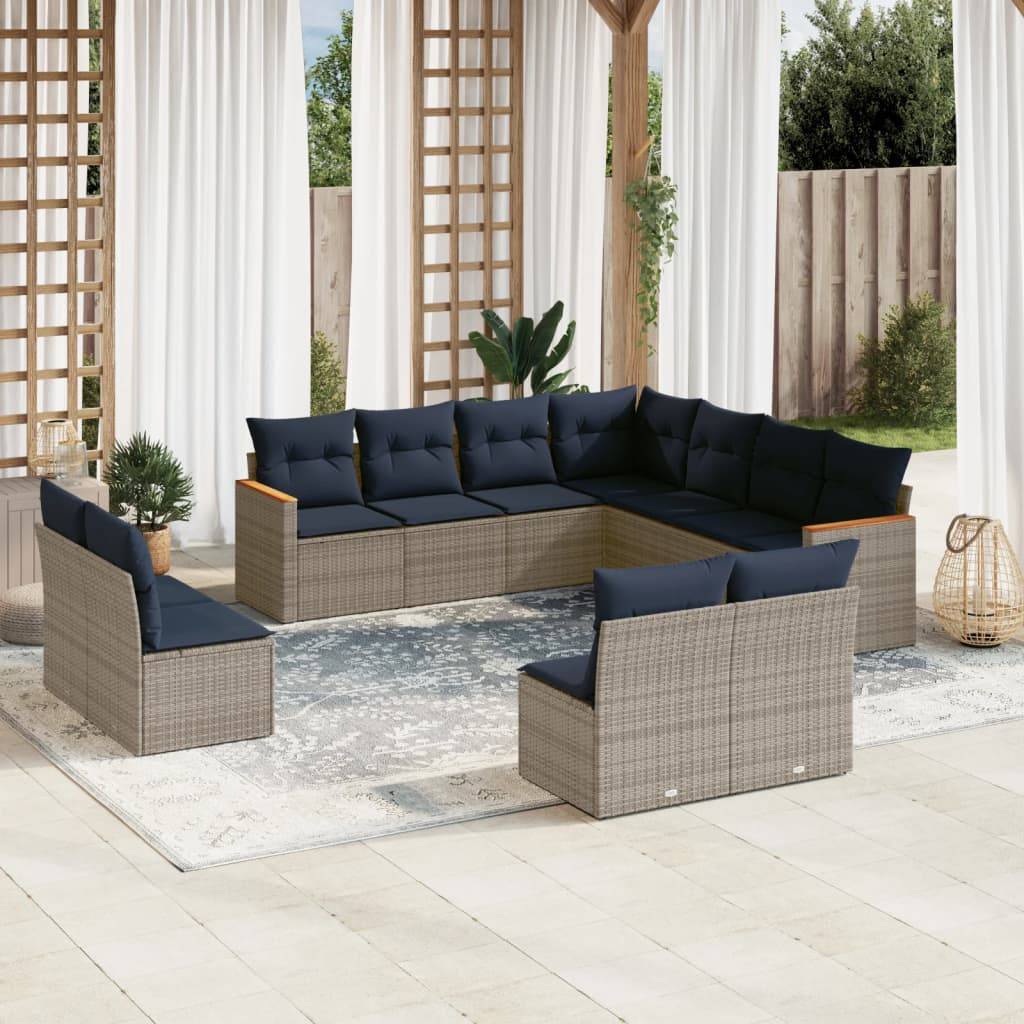 vidaXL 11-teiliges Gartensofa-Set mit Kissen, grau, Polyrattan
