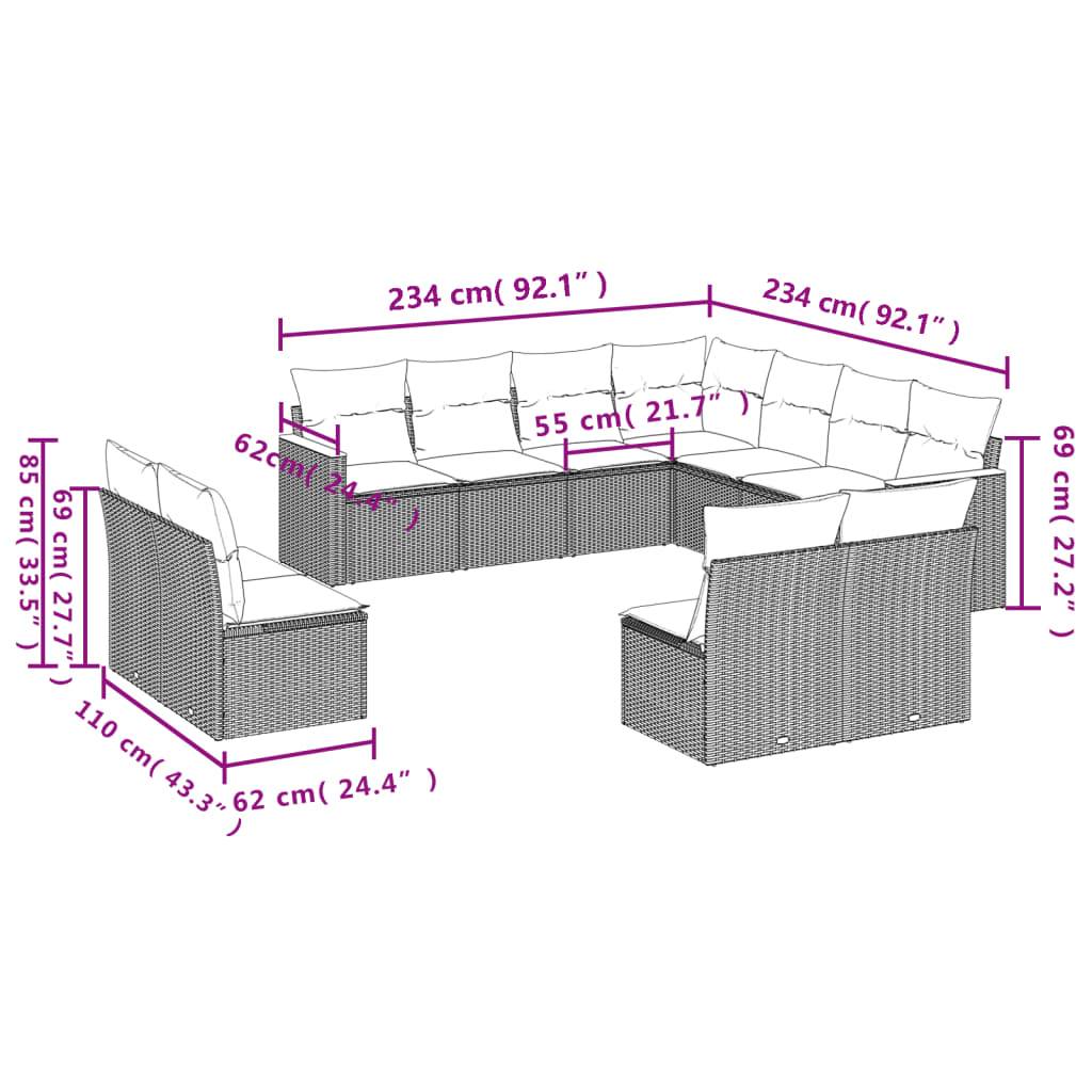 vidaXL 11-teiliges Gartensofa-Set mit Kissen, grau, Polyrattan