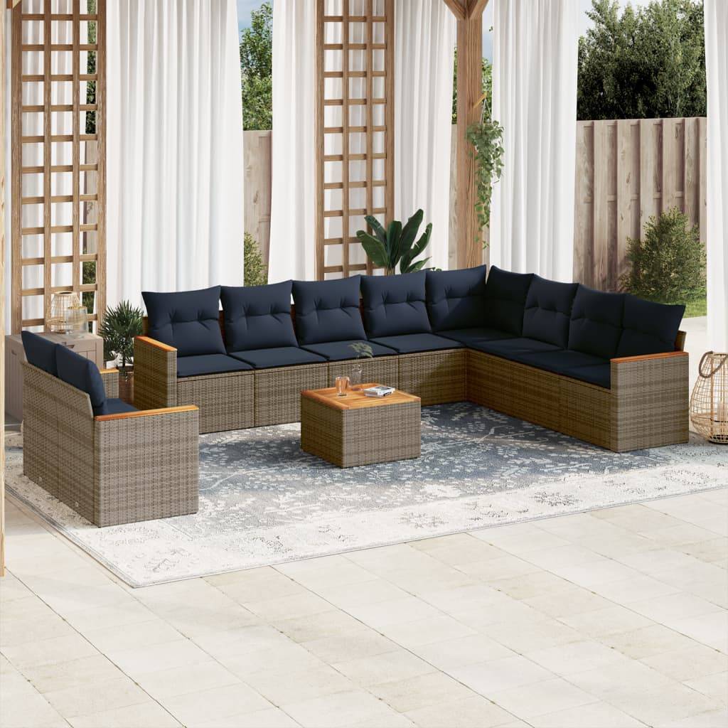 vidaXL 11-teiliges Gartensofa-Set mit Kissen, grau, Polyrattan