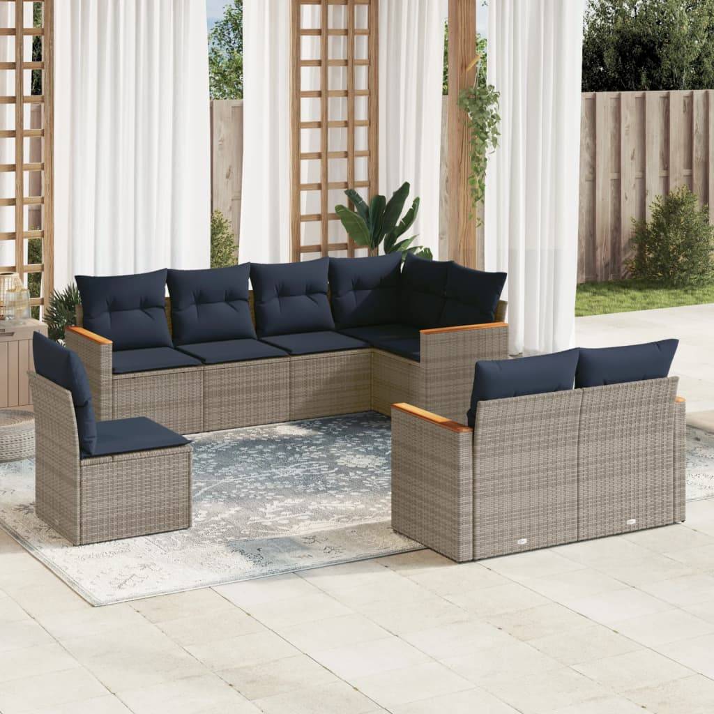 vidaXL 8-teiliges Gartensofa-Set mit Kissen, grau, Polyrattan