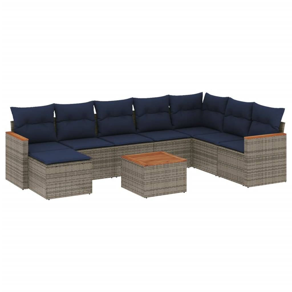 vidaXL 9-teiliges Gartensofa-Set mit Kissen, grau, Polyrattan