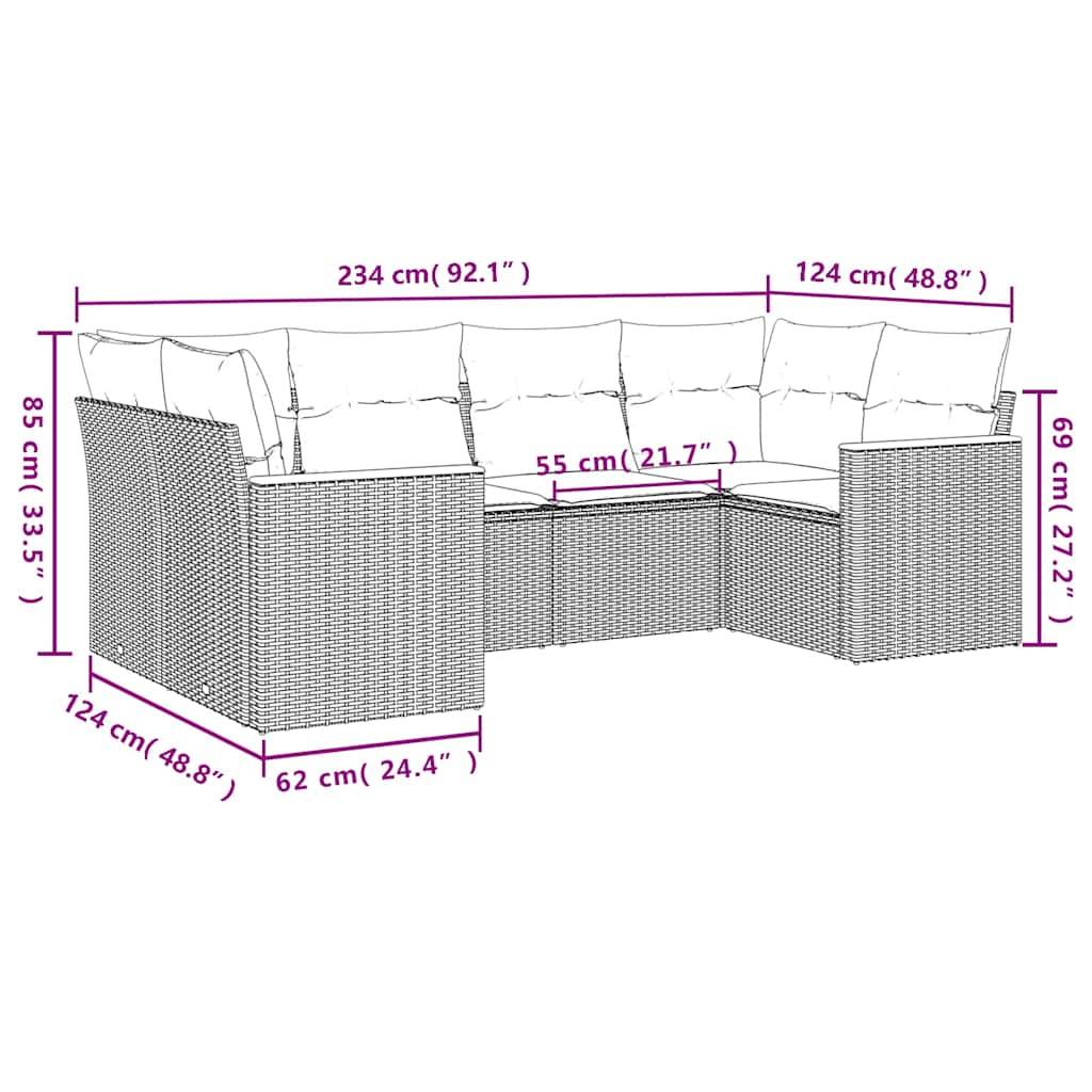 vidaXL 6-teiliges Gartensofa-Set mit Kissen, schwarzes Polyrattan