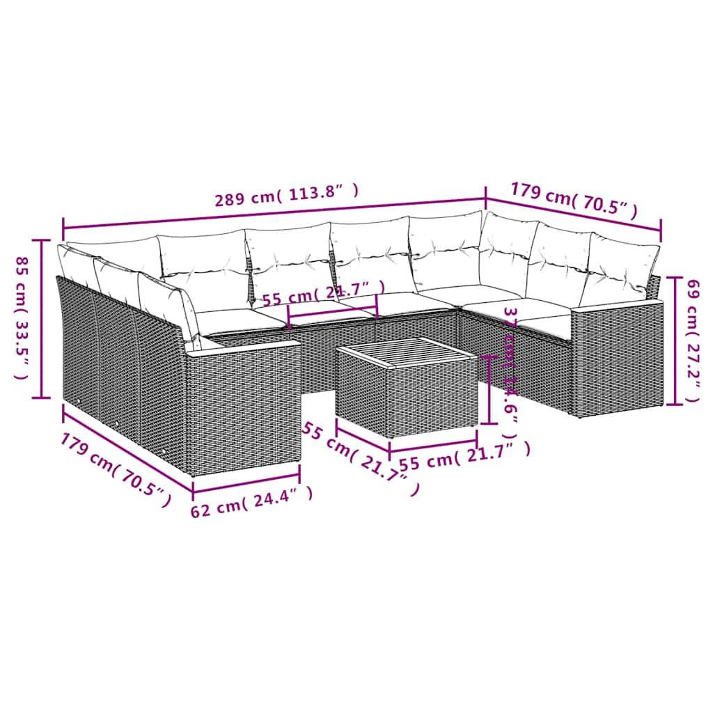 vidaXL 10-teiliges Gartensofa-Set mit Kissen, schwarzes Polyrattan