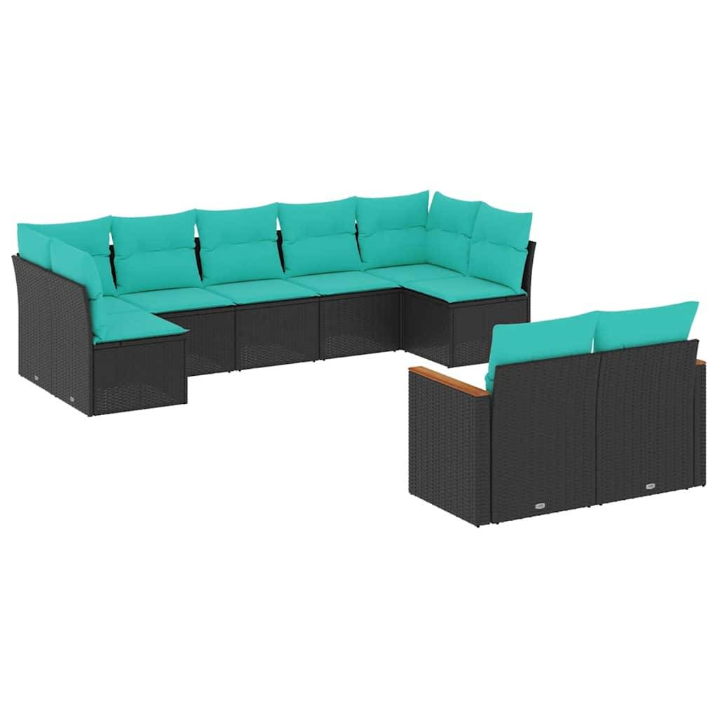 vidaXL 9-teiliges Gartensofa-Set mit Kissen, schwarzes Polyrattan