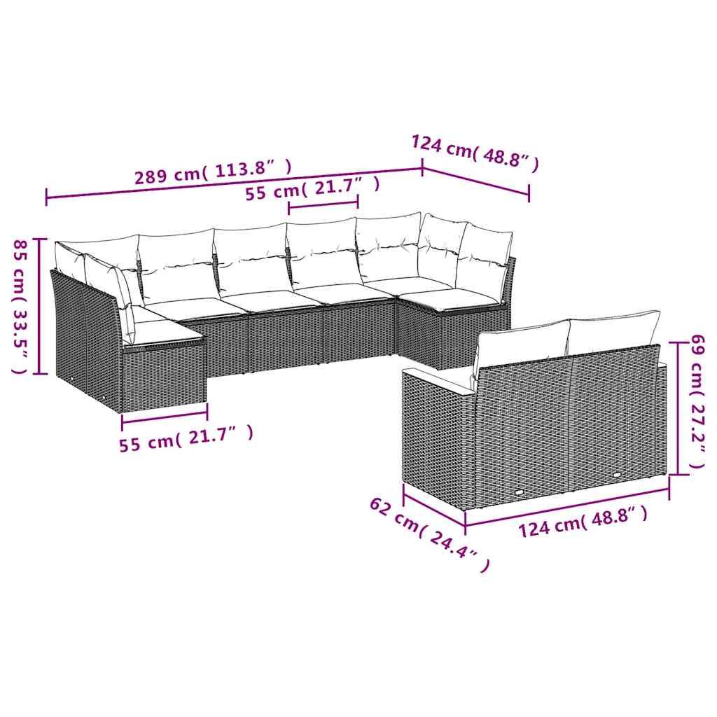 vidaXL 9-teiliges Gartensofa-Set mit Kissen, schwarzes Polyrattan