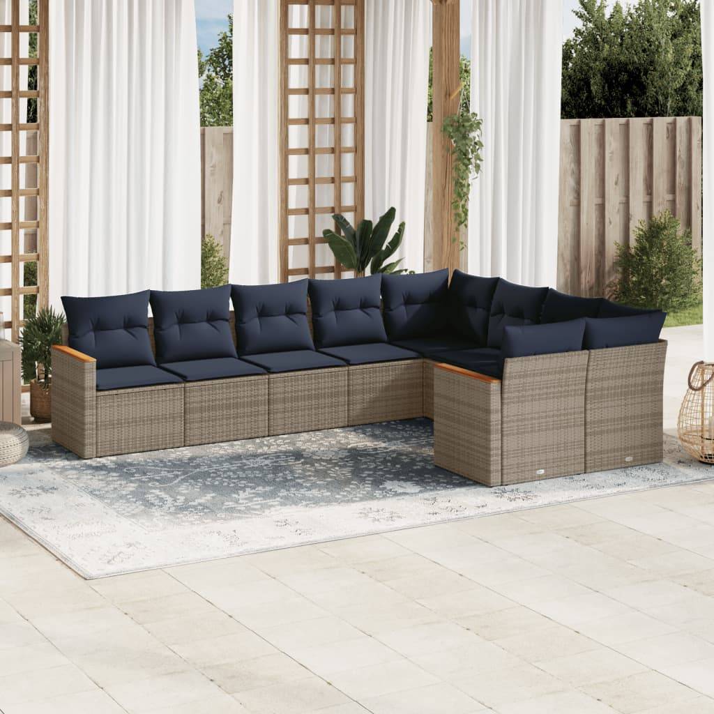 vidaXL 9-teiliges Gartensofa-Set mit Kissen, grau, Polyrattan