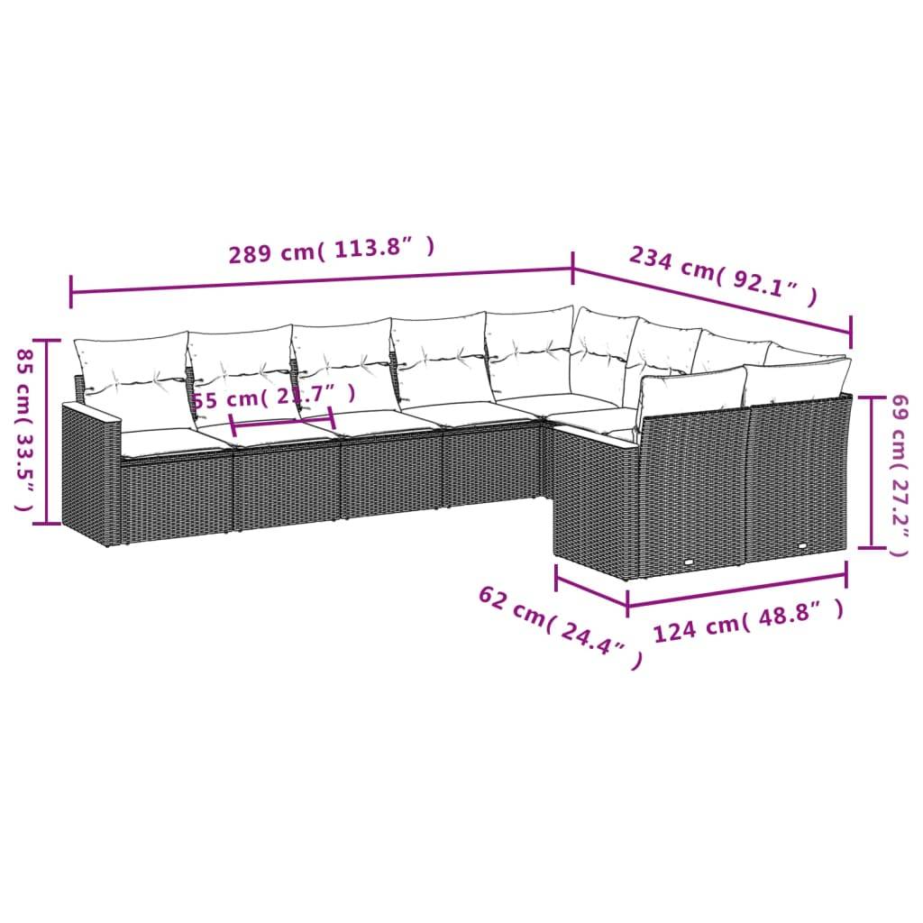 vidaXL 9-teiliges Gartensofa-Set mit Kissen, grau, Polyrattan