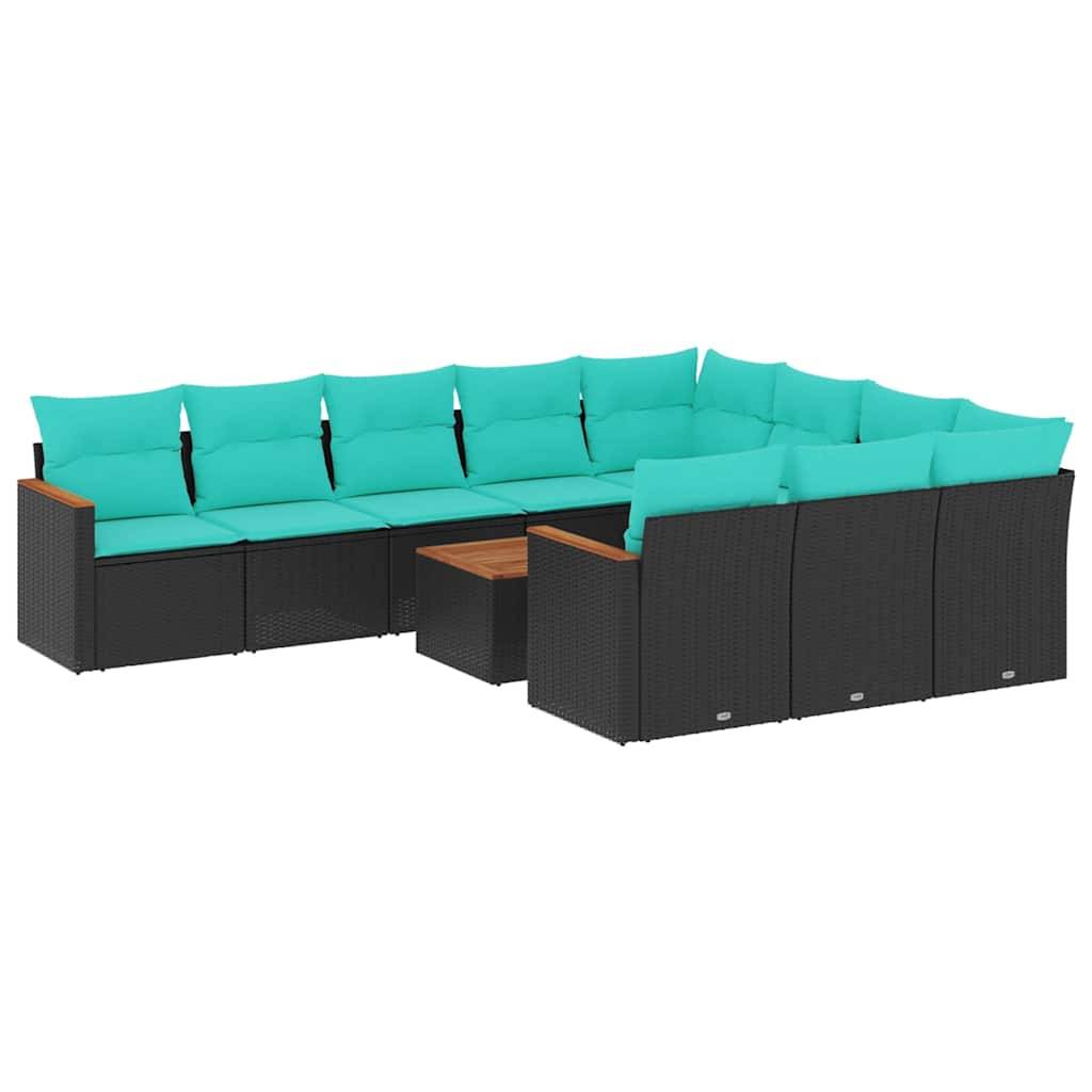 vidaXL 11-teiliges Gartensofa-Set mit Kissen, schwarzes Polyrattan