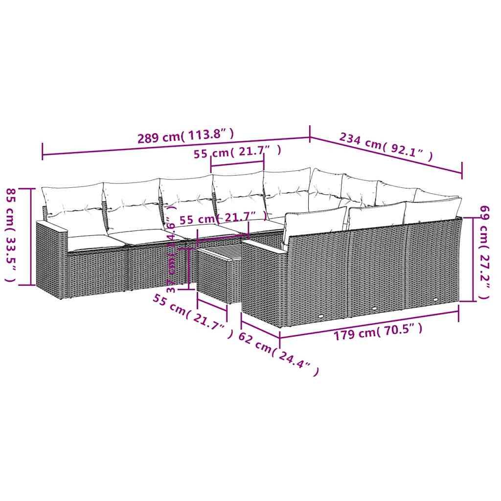 vidaXL 11-teiliges Gartensofa-Set mit Kissen, schwarzes Polyrattan