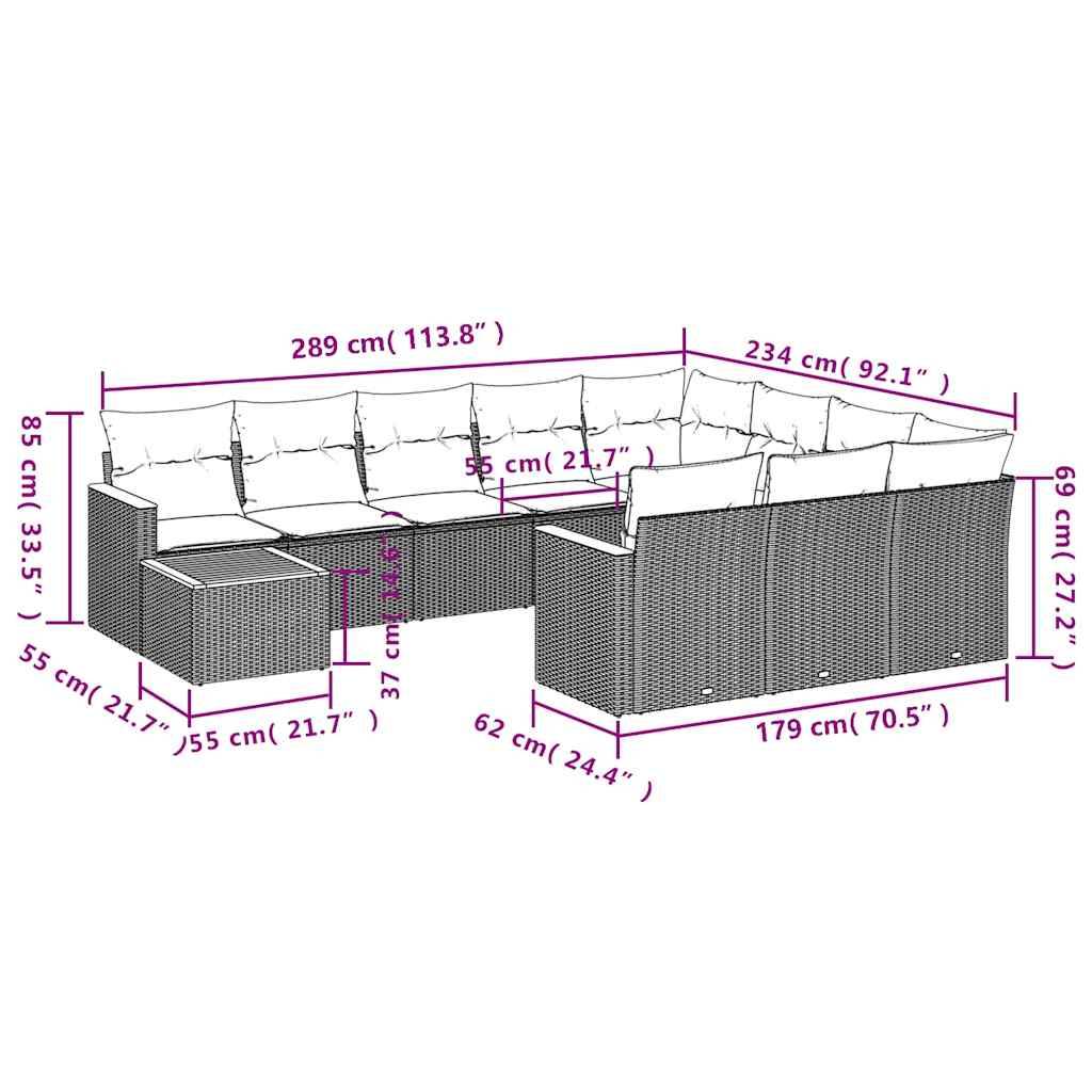 vidaXL 11-teiliges Gartensofa-Set mit Kissen, schwarzes Polyrattan