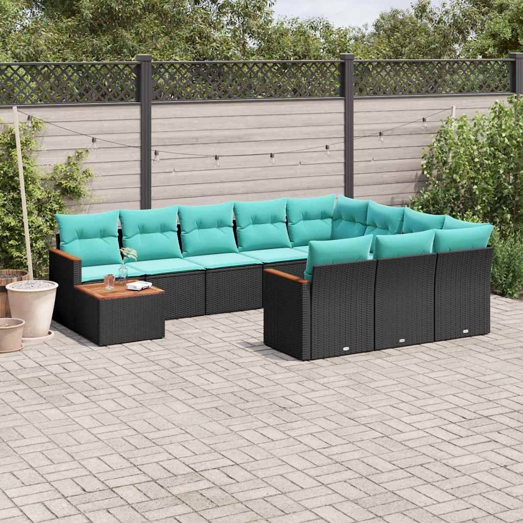 vidaXL 11-teiliges Gartensofa-Set mit Kissen, schwarzes Polyrattan