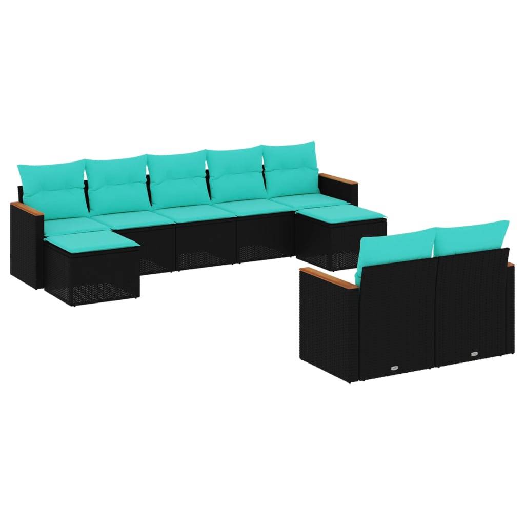 vidaXL 9-teiliges Gartensofa-Set mit Kissen, schwarzes Polyrattan