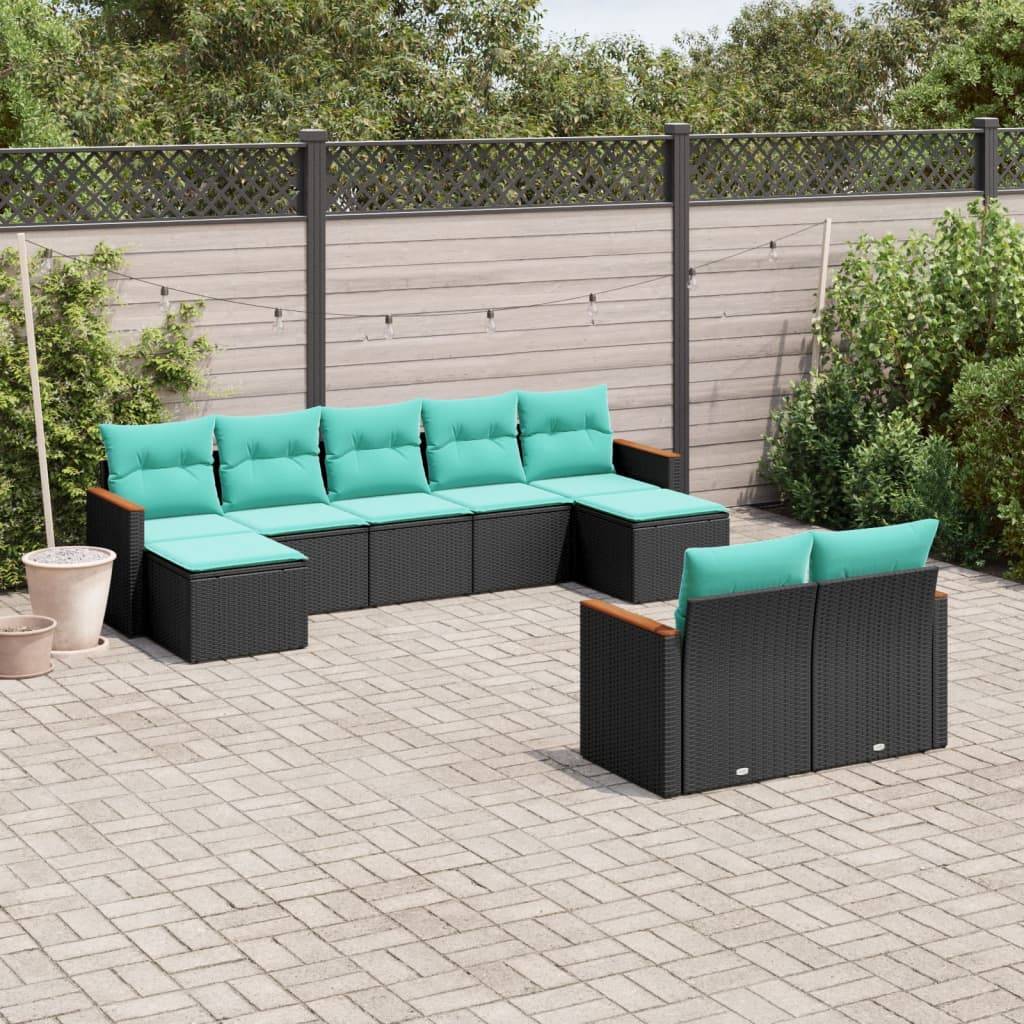 vidaXL 9-teiliges Gartensofa-Set mit Kissen, schwarzes Polyrattan