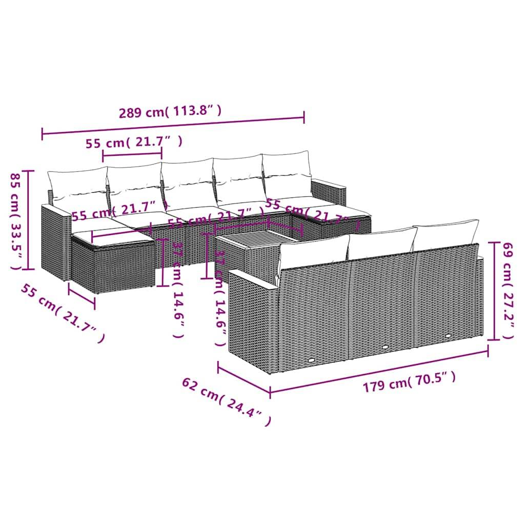 vidaXL 11-teiliges Gartensofa-Set mit Kissen, schwarzes Polyrattan