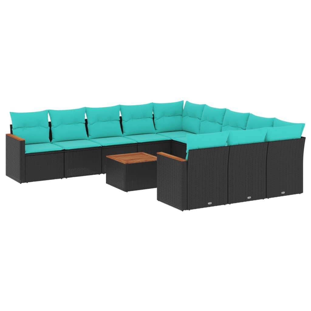 vidaXL 12-teiliges Gartensofa-Set mit Kissen, schwarzes Polyrattan