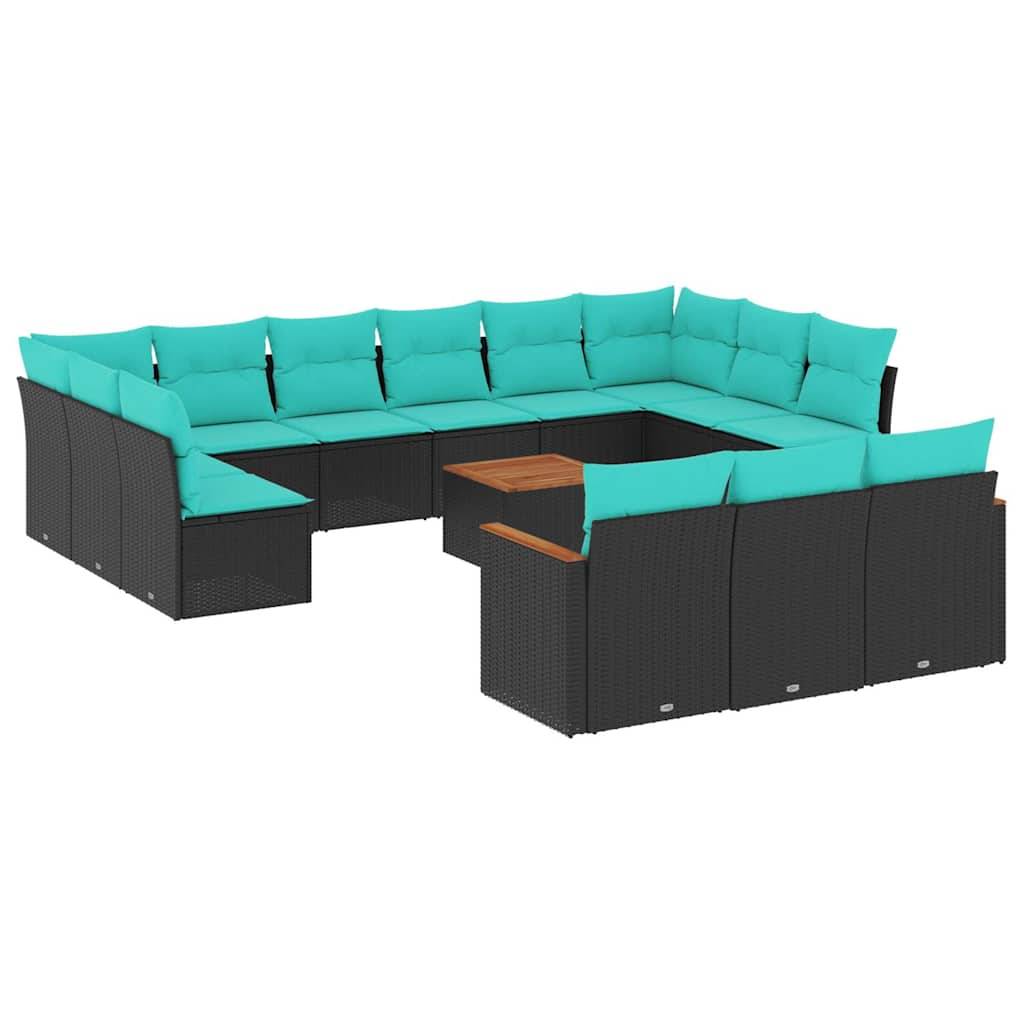 vidaXL 14-teiliges Gartensofa-Set mit Kissen, schwarzes Polyrattan