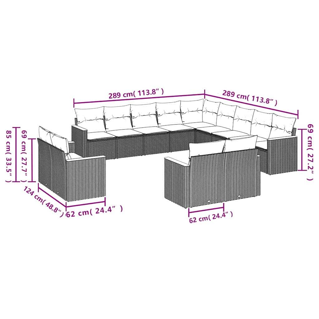 vidaXL 13-teiliges Gartensofa-Set mit Kissen, schwarzes Polyrattan