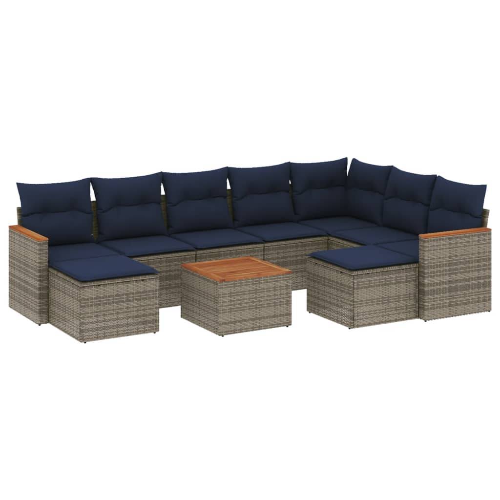vidaXL 10-teiliges Gartensofa-Set mit Kissen, grau, Polyrattan