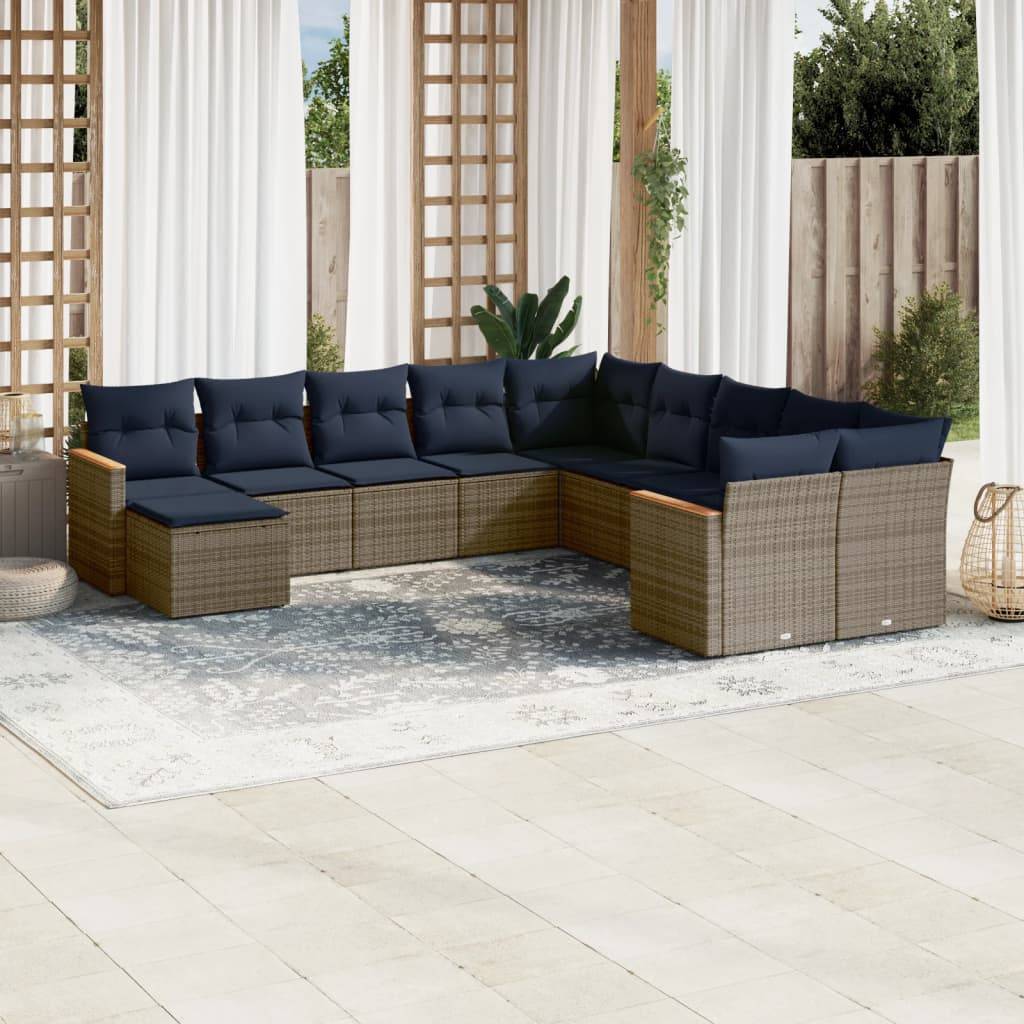 vidaXL 11-teiliges Gartensofa-Set mit Kissen, grau, Polyrattan