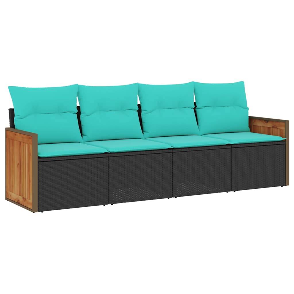 vidaXL 4-teiliges Gartensofa-Set mit Kissen, schwarzes Polyrattan