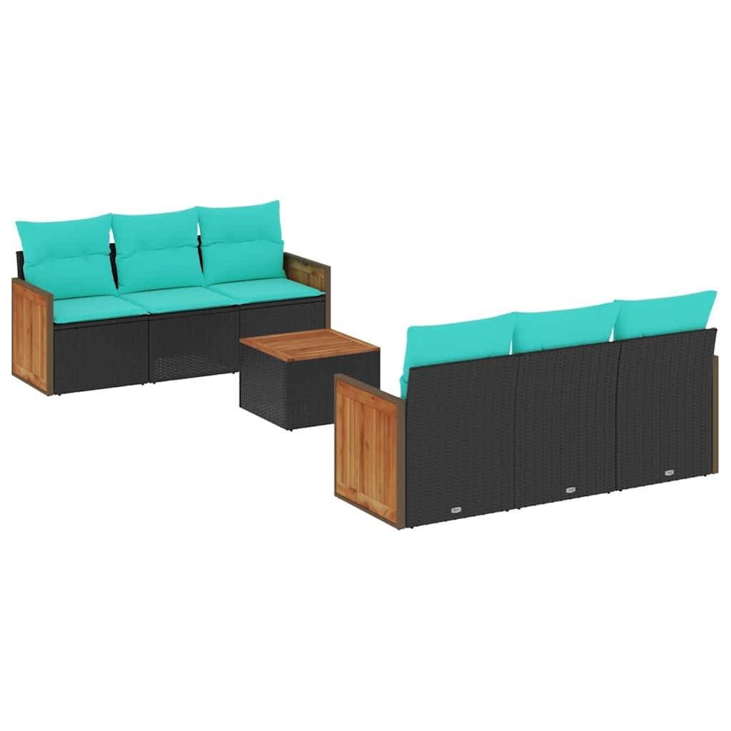 vidaXL 7-teiliges Gartensofa-Set mit Kissen, schwarzes Polyrattan