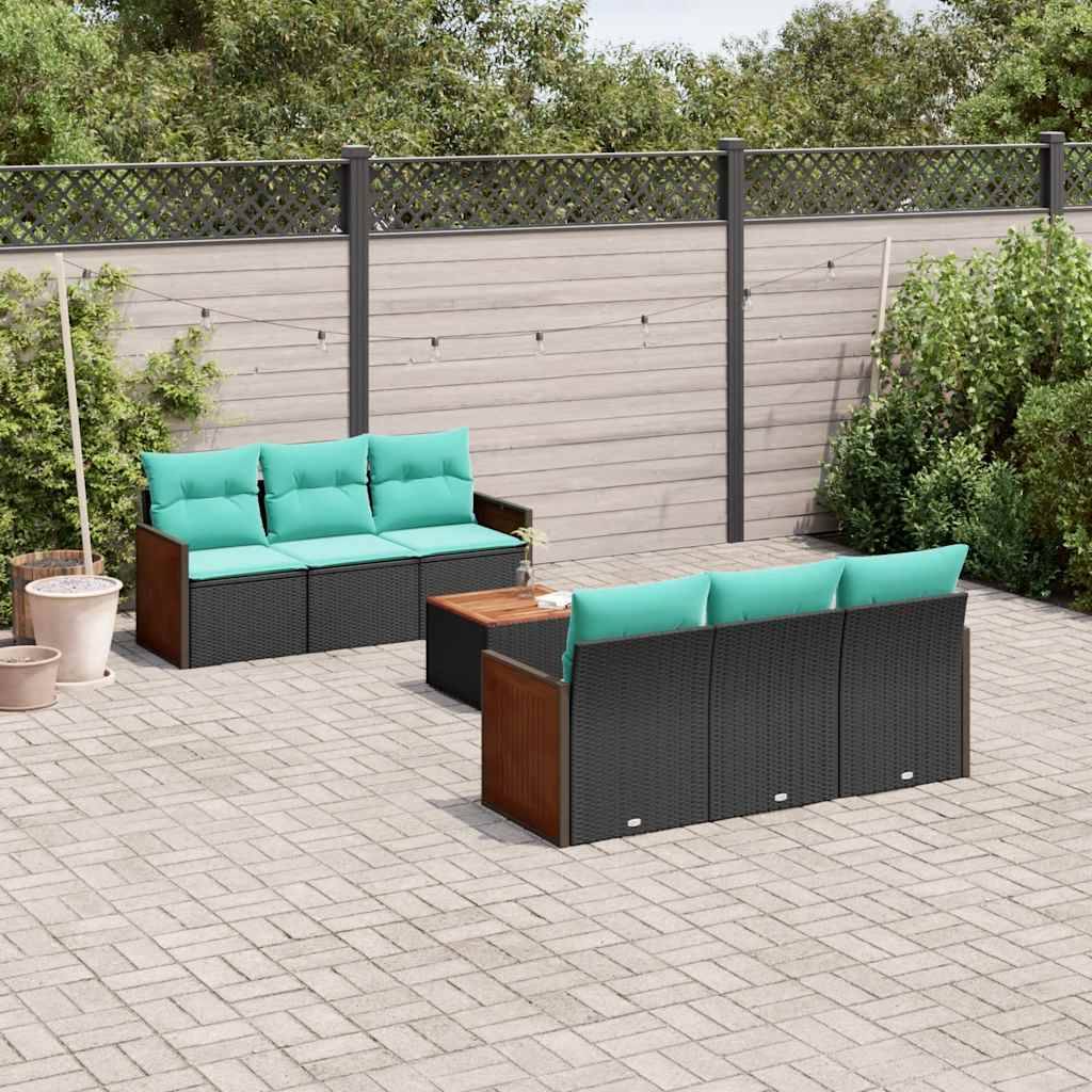 vidaXL 7-teiliges Gartensofa-Set mit Kissen, schwarzes Polyrattan