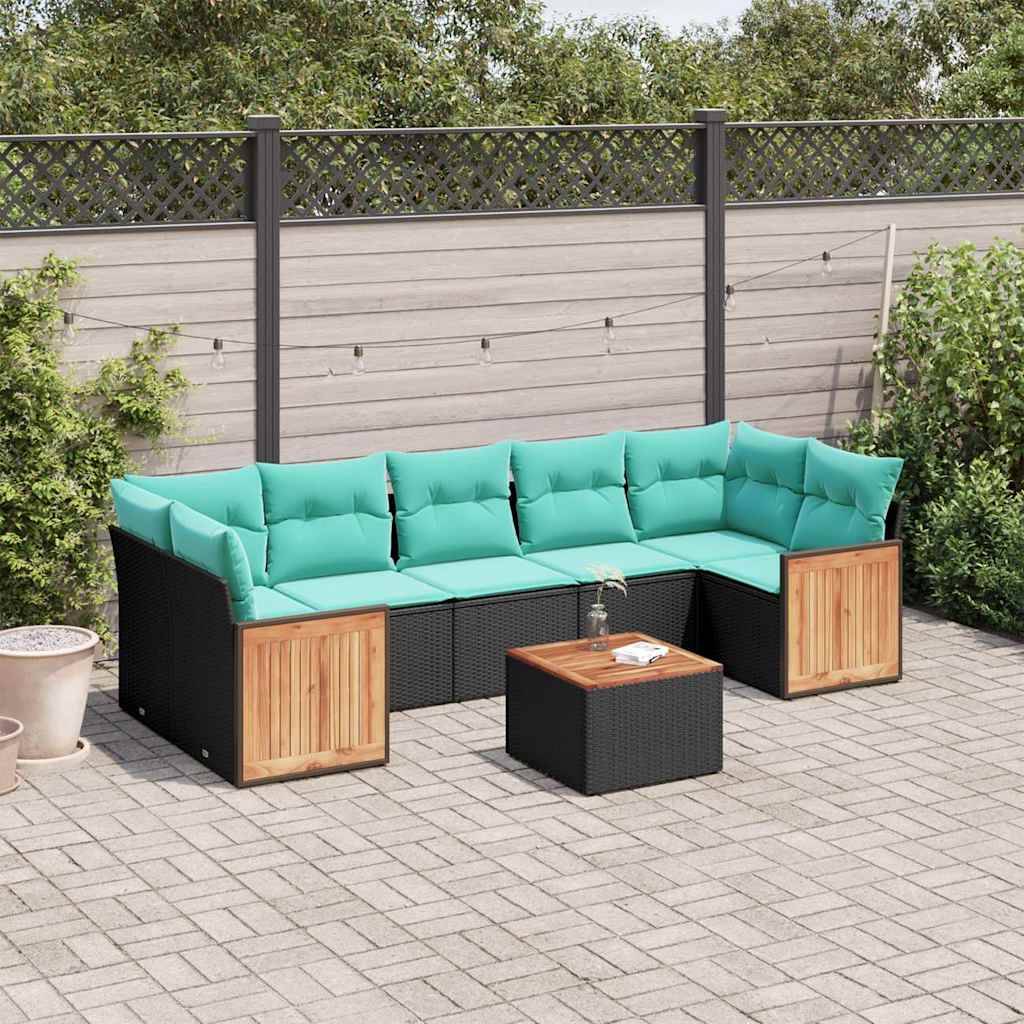 vidaXL 8-teiliges Gartensofa-Set mit Kissen, schwarzes Polyrattan