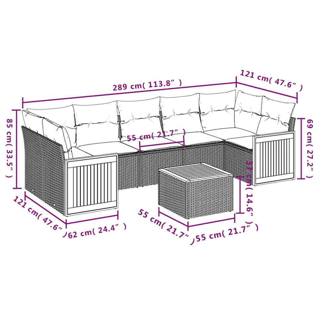 vidaXL 8-teiliges Gartensofa-Set mit Kissen, schwarzes Polyrattan