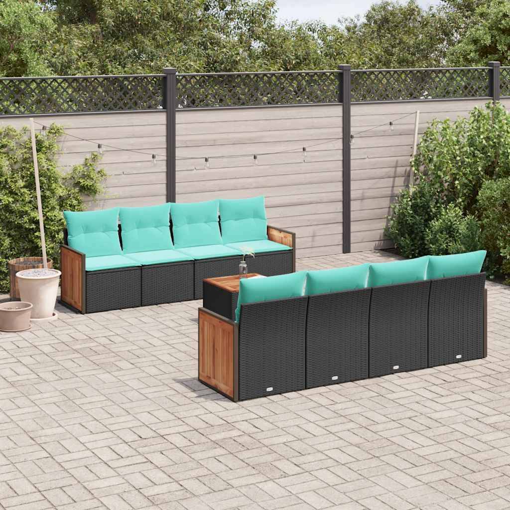 vidaXL 9-teiliges Gartensofa-Set mit Kissen, schwarzes Polyrattan