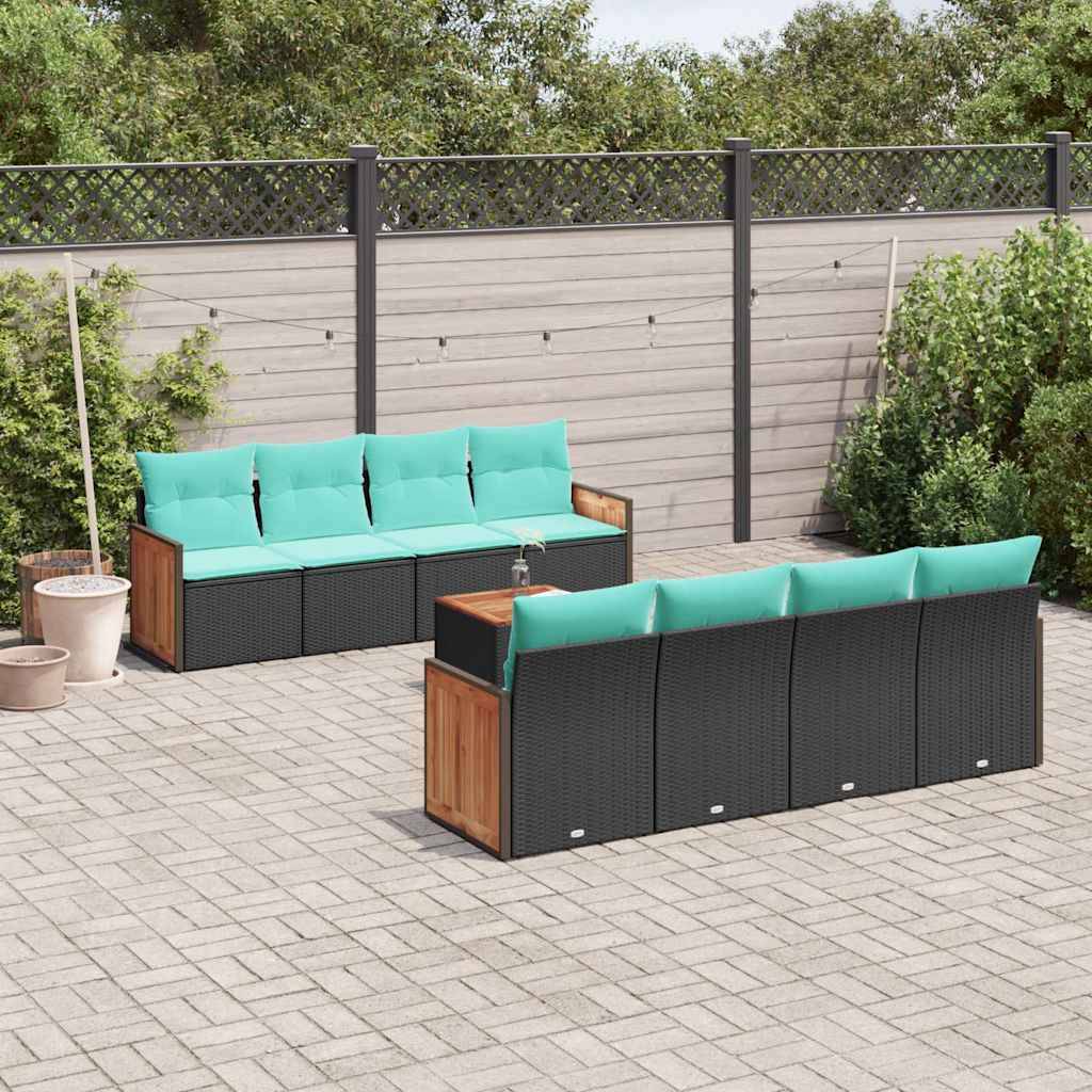 vidaXL 9-teiliges Gartensofa-Set mit Kissen, schwarzes Polyrattan