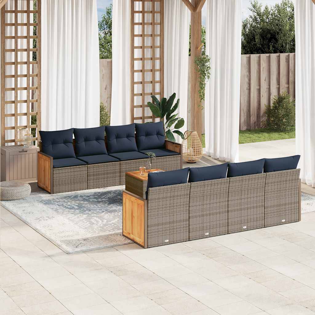 vidaXL 9-teiliges Gartensofa-Set mit Kissen, grau, Polyrattan