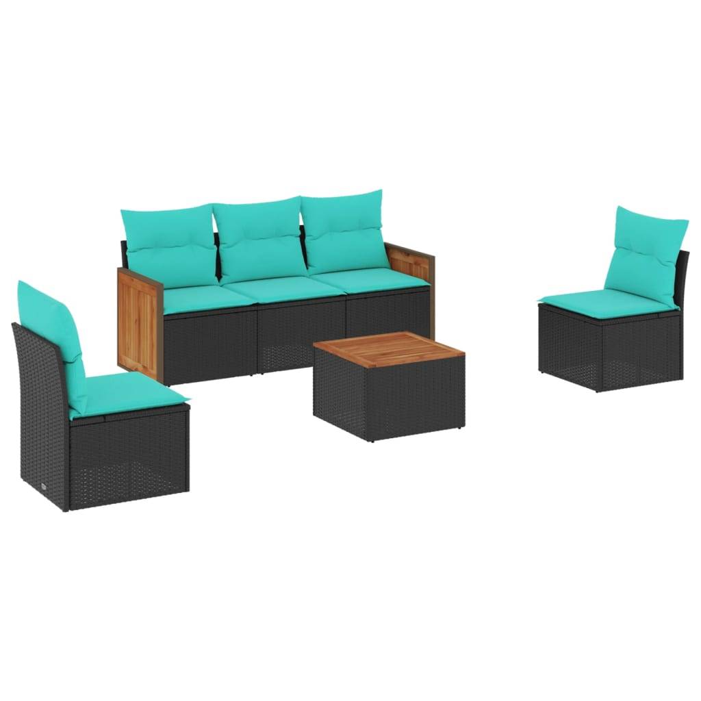vidaXL 6-teiliges Gartensofa-Set mit Kissen, schwarzes Polyrattan