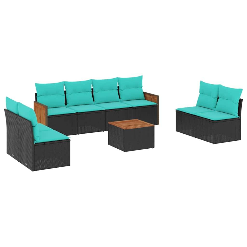 vidaXL 9-teiliges Gartensofa-Set mit Kissen, schwarzes Polyrattan