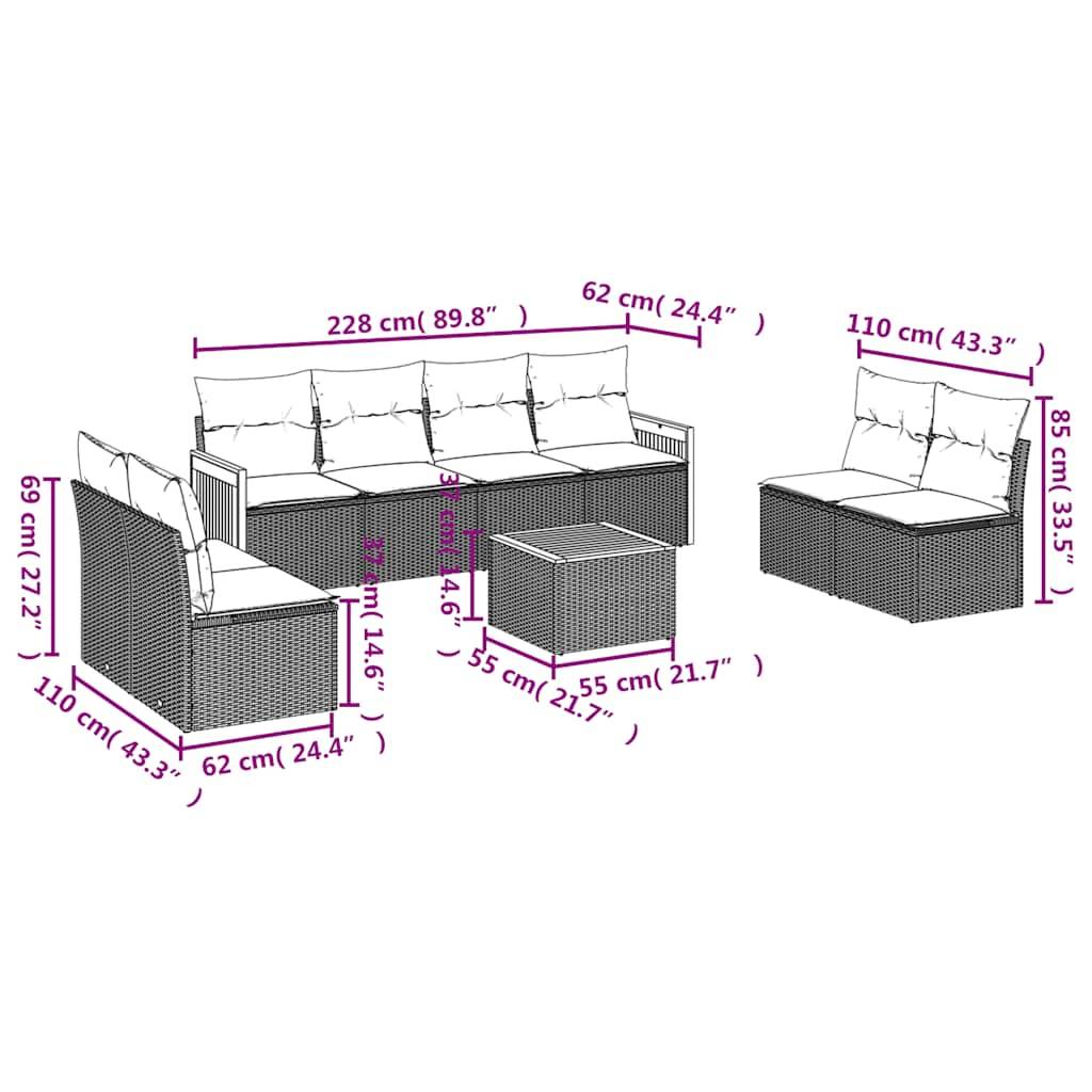 vidaXL 9-teiliges Gartensofa-Set mit Kissen, schwarzes Polyrattan