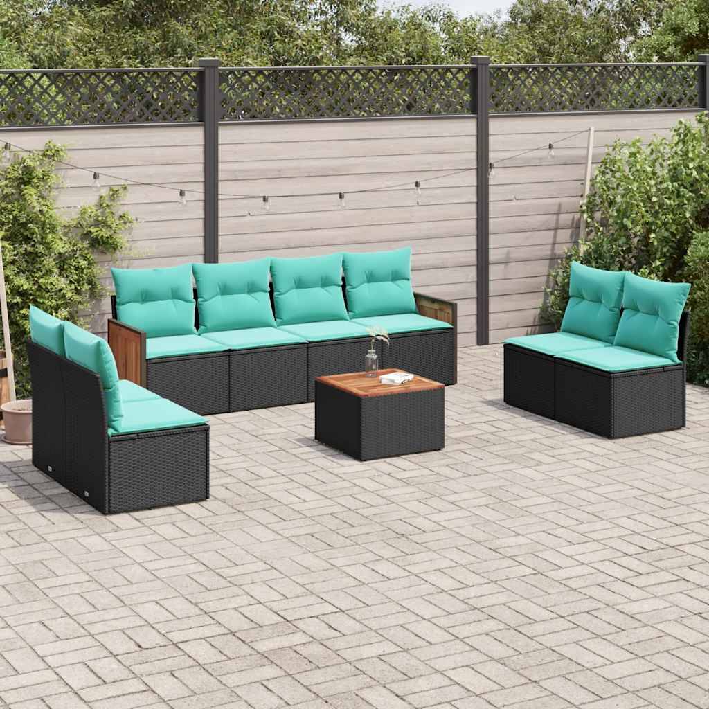 vidaXL 9-teiliges Gartensofa-Set mit Kissen, schwarzes Polyrattan