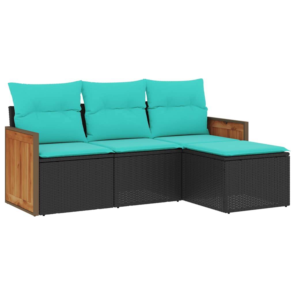 vidaXL 4-teiliges Gartensofa-Set mit Kissen, schwarzes Polyrattan