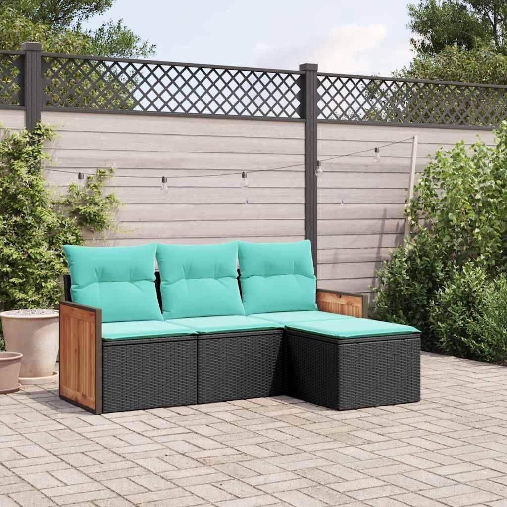 vidaXL 4-teiliges Gartensofa-Set mit Kissen, schwarzes Polyrattan