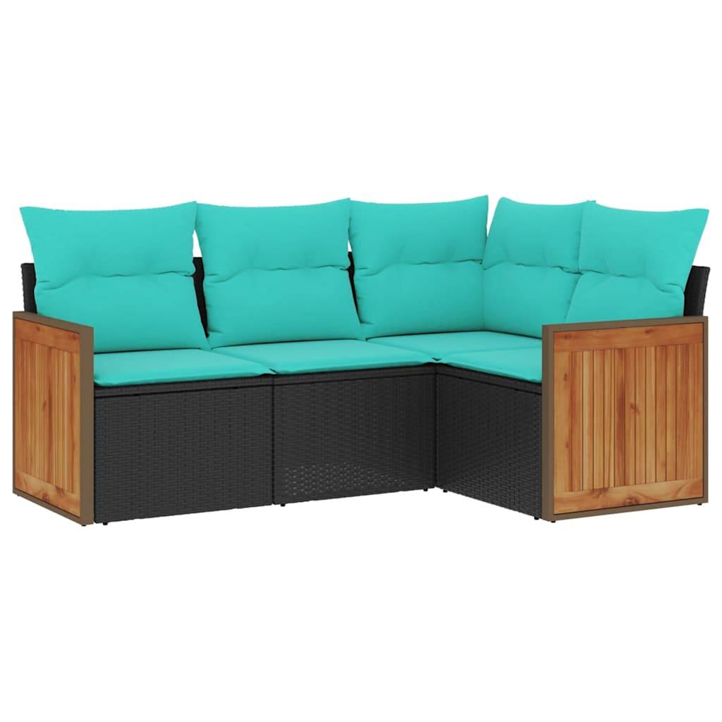 vidaXL 4-teiliges Gartensofa-Set mit Kissen, schwarzes Polyrattan