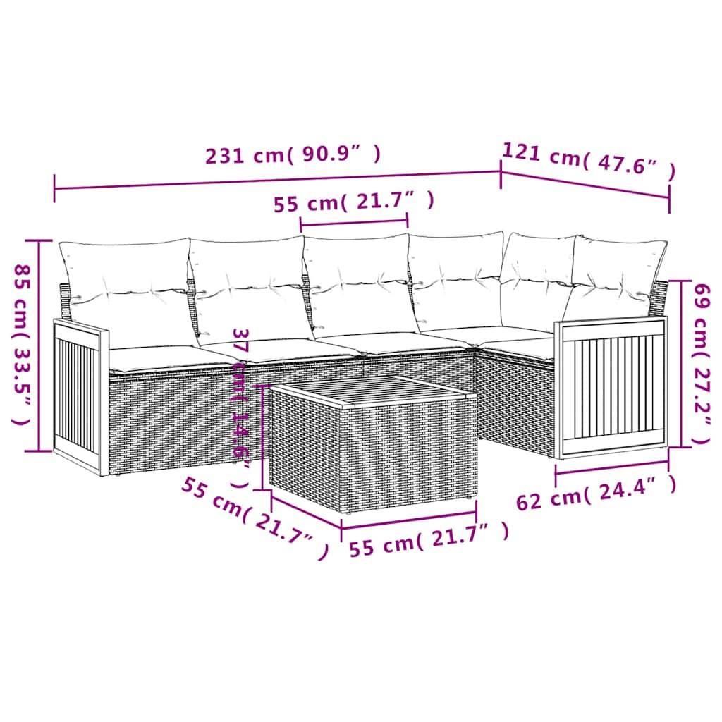vidaXL 6-teiliges Gartensofa-Set mit Kissen, schwarzes Polyrattan