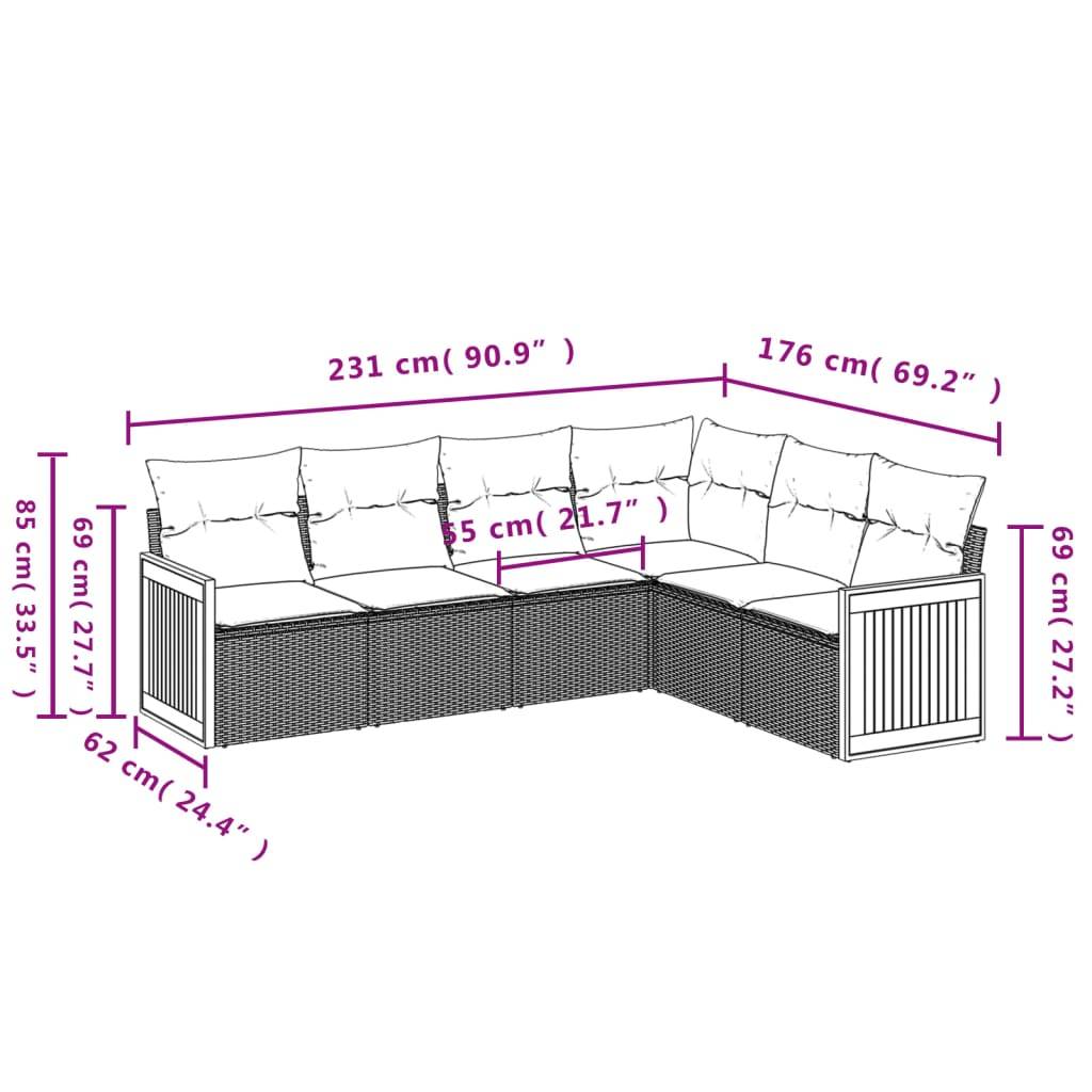 vidaXL 6-teiliges Gartensofa-Set mit Kissen, grau, Polyrattan