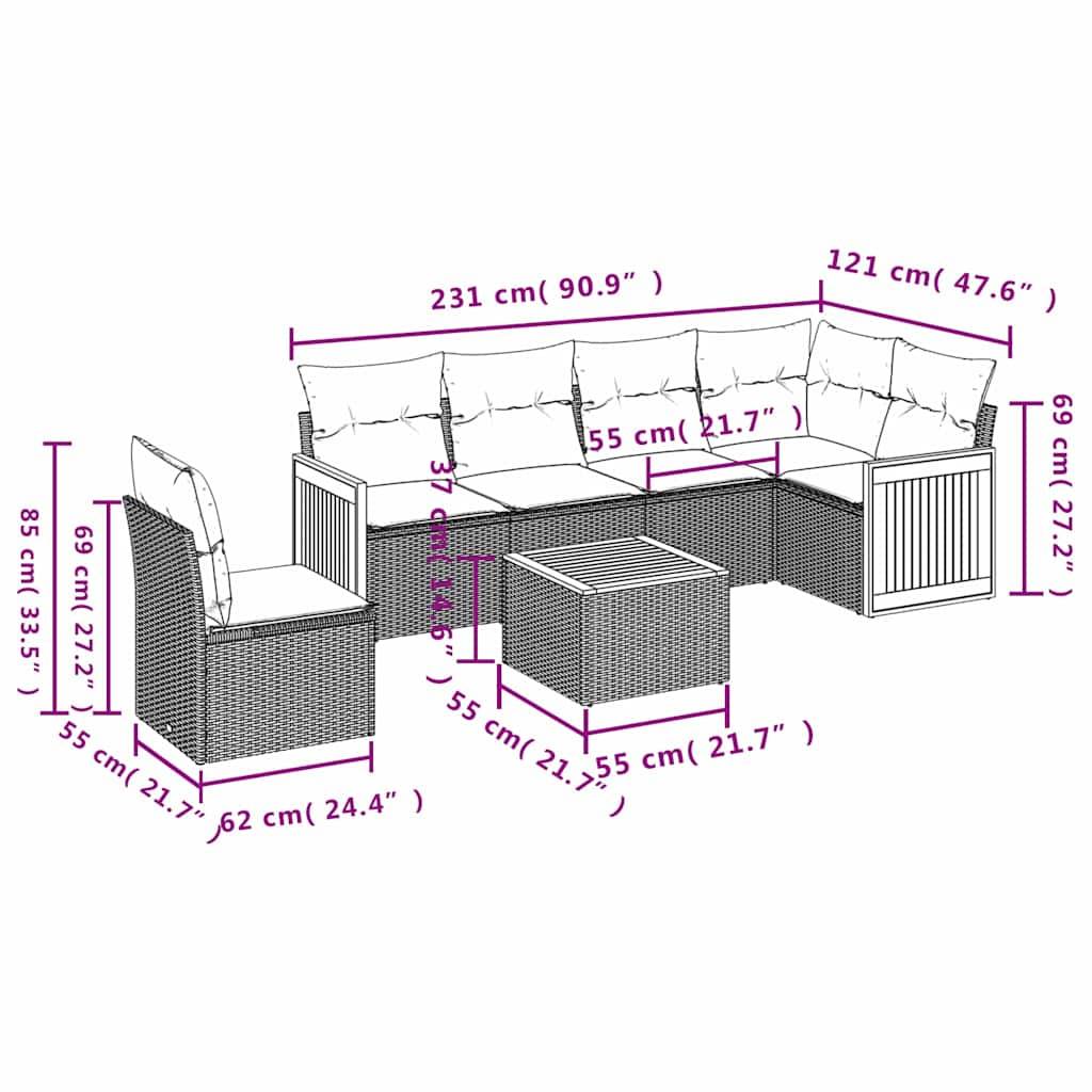 vidaXL 7-teiliges Gartensofa-Set mit Kissen, schwarzes Polyrattan