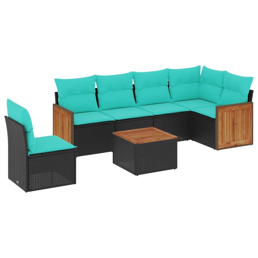 vidaXL 7-teiliges Gartensofa-Set mit Kissen, schwarzes Polyrattan
