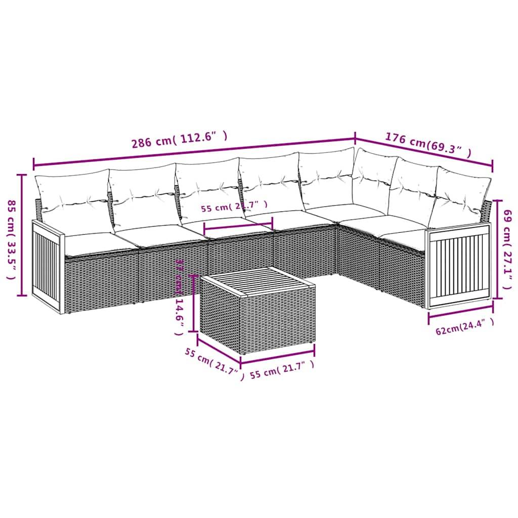 vidaXL 8-teiliges Gartensofa-Set mit Kissen, schwarzes Polyrattan